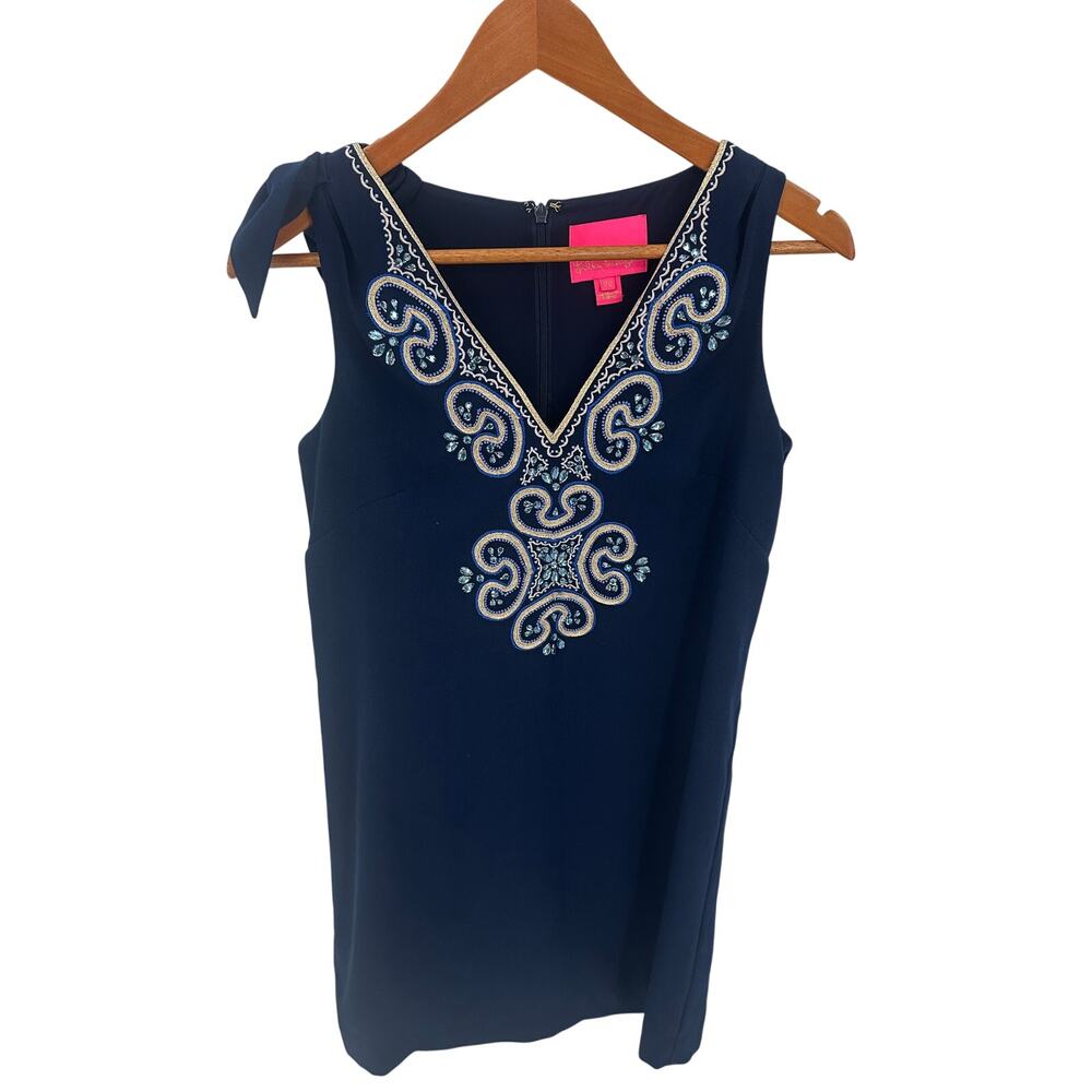 Lilly Pulitzer Blue Embroidered V-Neck Penelope Shift Sleeveless Dress // 00